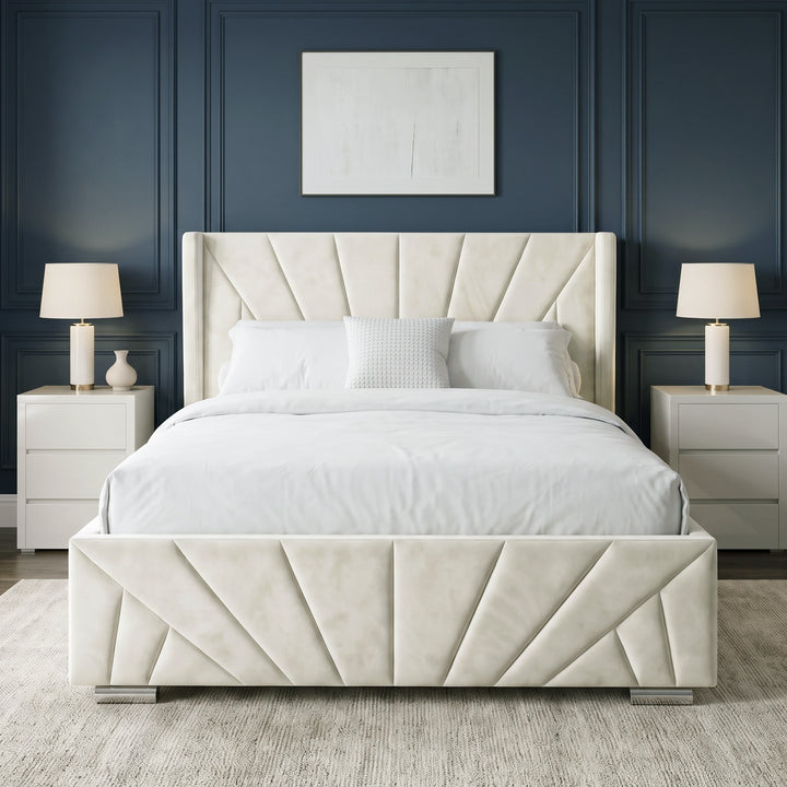 [King | Beige] Front view of the Sunrise King Ottoman Storage Bed Frame Beige Velvet centered between white nightstands.