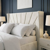 [King | Beige] Close-up view of the sunburst winged headboard on the Sunrise King Ottoman Storage Bed Frame Beige Velvet.