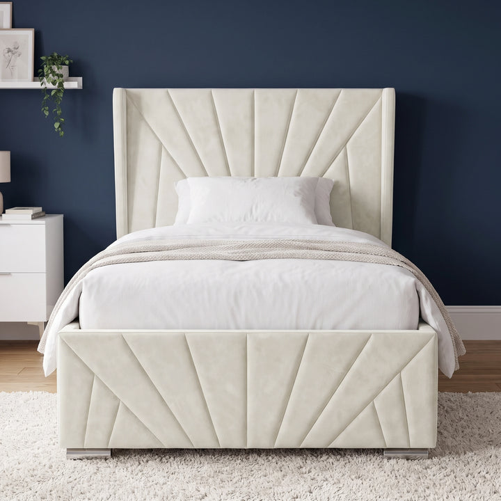 [Single | Beige] Front view of the Sunrise Single Ottoman Storage Bed Frame Beige Velvet showing the sunburst pattern footboard.