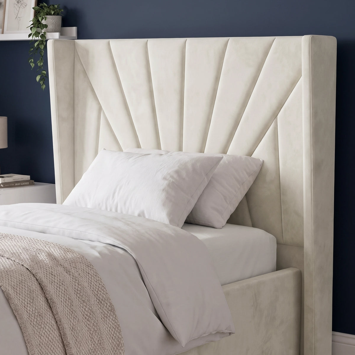 [Single | Beige] Close-up view of the sunburst design winged headboard on the Sunrise Single Ottoman Storage Bed Frame Beige Velvet.