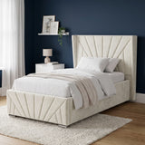 [Single | Beige] Sunrise Single Ottoman Storage Bed Frame Beige Velvet styled in a modern bedroom setting with navy walls.