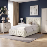 [Small Double | Beige] Full bedroom setting with the Sunrise Small Double Ottoman Storage Bed Frame Beige Velvet styled against a navy wall.