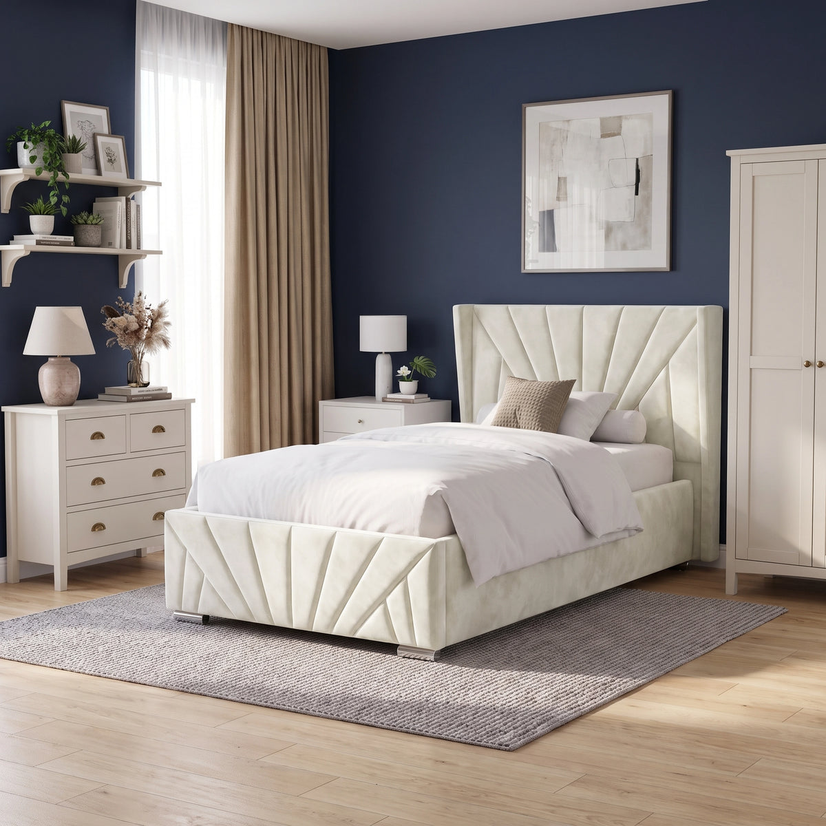 [Small Double | Beige] Full bedroom setting with the Sunrise Small Double Ottoman Storage Bed Frame Beige Velvet styled against a navy wall.