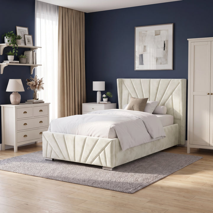 [Small Double | Beige] Full bedroom setting with the Sunrise Small Double Ottoman Storage Bed Frame Beige Velvet styled against a navy wall.