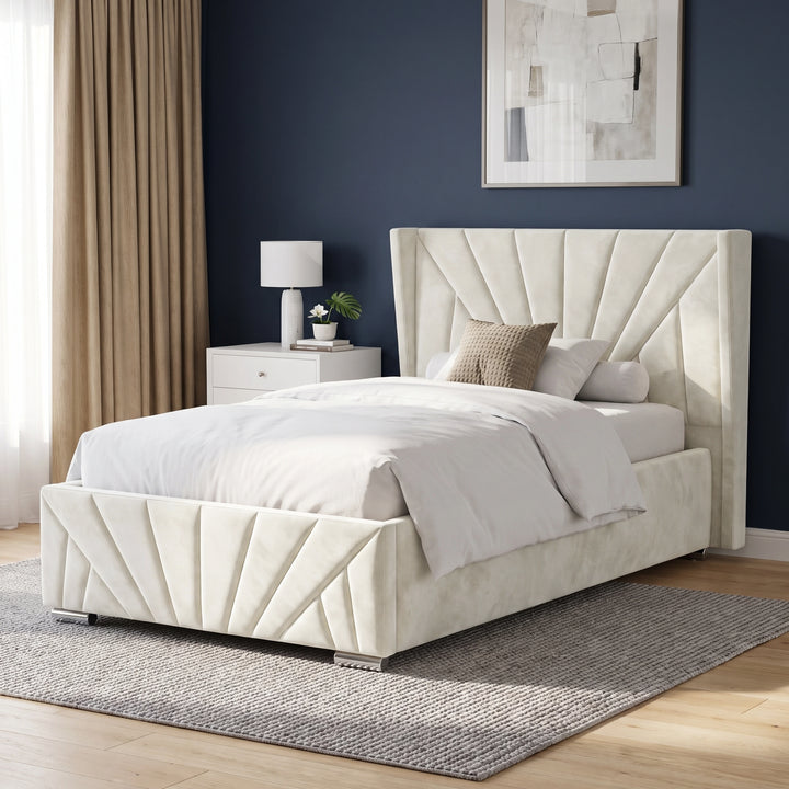 [Small Double | Beige] Angled main view of the Sunrise Small Double Ottoman Storage Bed Frame Beige Velvet styled on a woven rug.