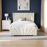 [Small Double | Beige] Front view of the Sunrise Small Double Ottoman Storage Bed Frame Beige Velvet showing the geometric sunburst footboard.