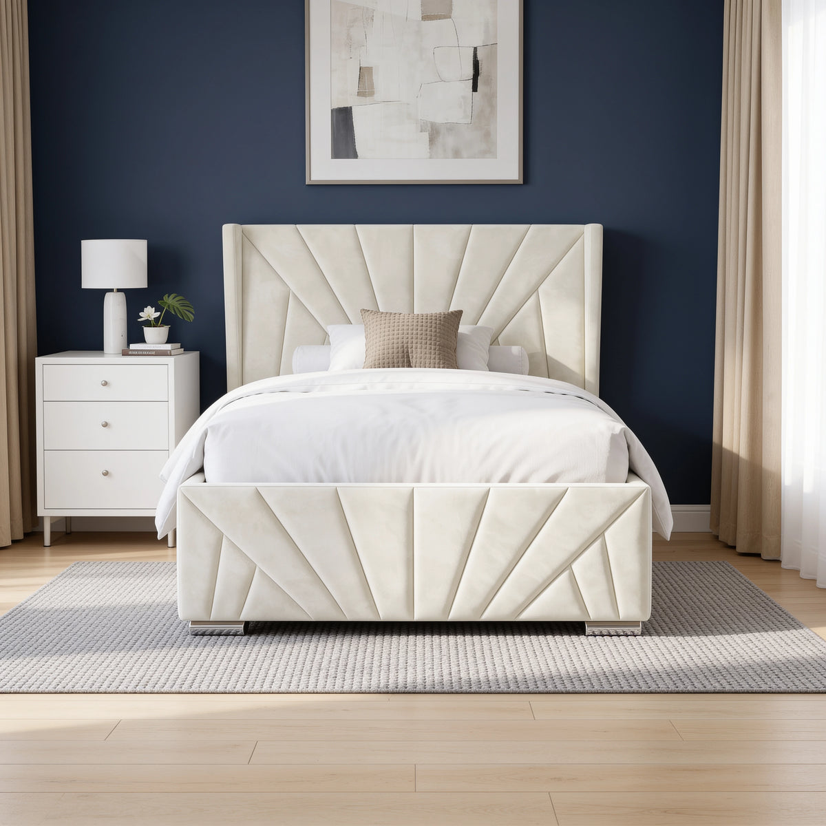 [Small Double | Beige] Front view of the Sunrise Small Double Ottoman Storage Bed Frame Beige Velvet showing the geometric sunburst footboard.