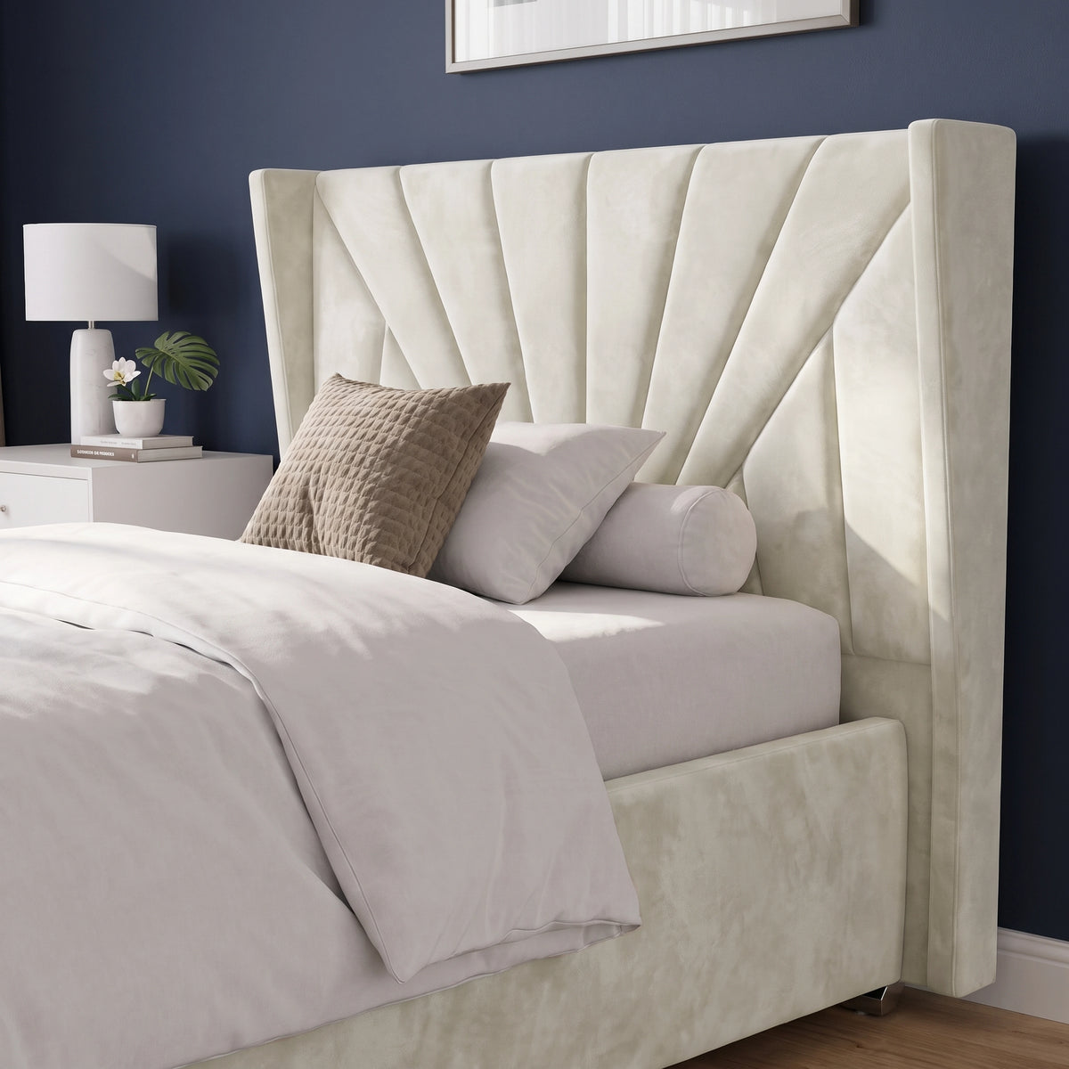 [Small Double | Beige] Close-up view of the sunburst winged headboard on the Sunrise Small Double Ottoman Storage Bed Frame Beige Velvet.