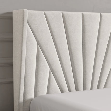 Sunrise-style Velvet Ottoman Bed Frame in beige with vertical panel tufting. Elegant headboard design for modern bedroom furniture with hidden storage.
