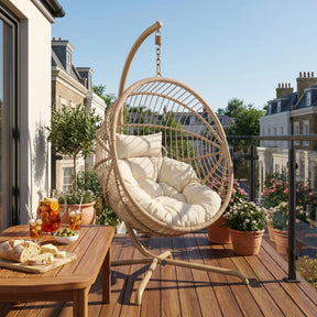 [Beige] Wicker hanging chair on a wooden deck with a table and plants