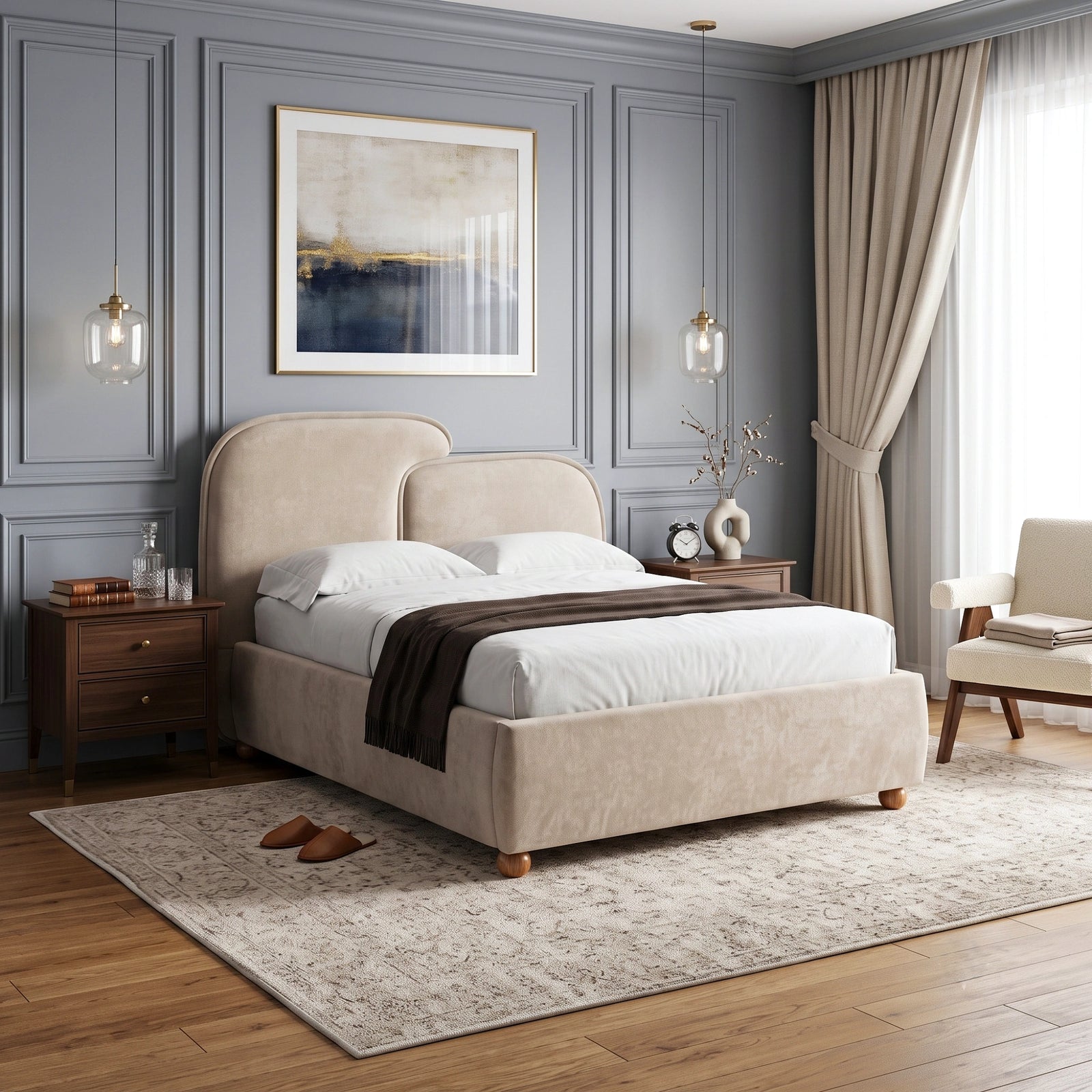 [King | Beige] upholstered bed with a rounded headboard and footboard stands in a styled bedroom with gray paneled walls, white bedding, a dark brown throw blanket, matching nightstands, pendant lights, curtains, and a rug.