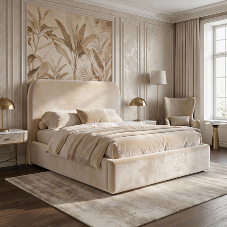 Beige velvet king ottoman storage bed shown in a bright interior with an upholstered frame and a padded headboard