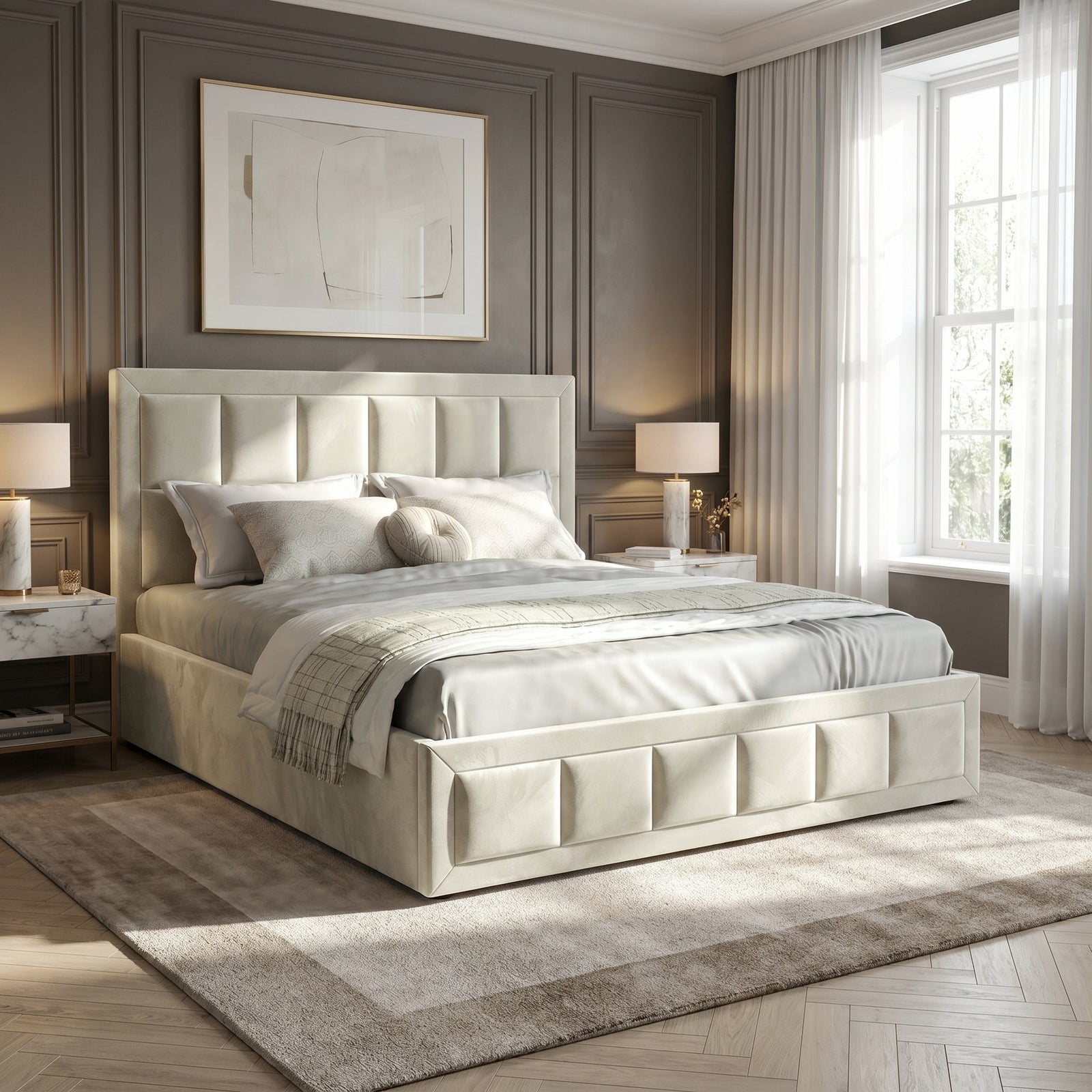 [Double | Beige] Angled bedroom view of velvet end lift ottoman bed beside nightstands and lamps under wall artwork