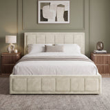 [Double | Beige] Velvet ottoman storage bed seen straight-on with channel-panel headboard and base detailing