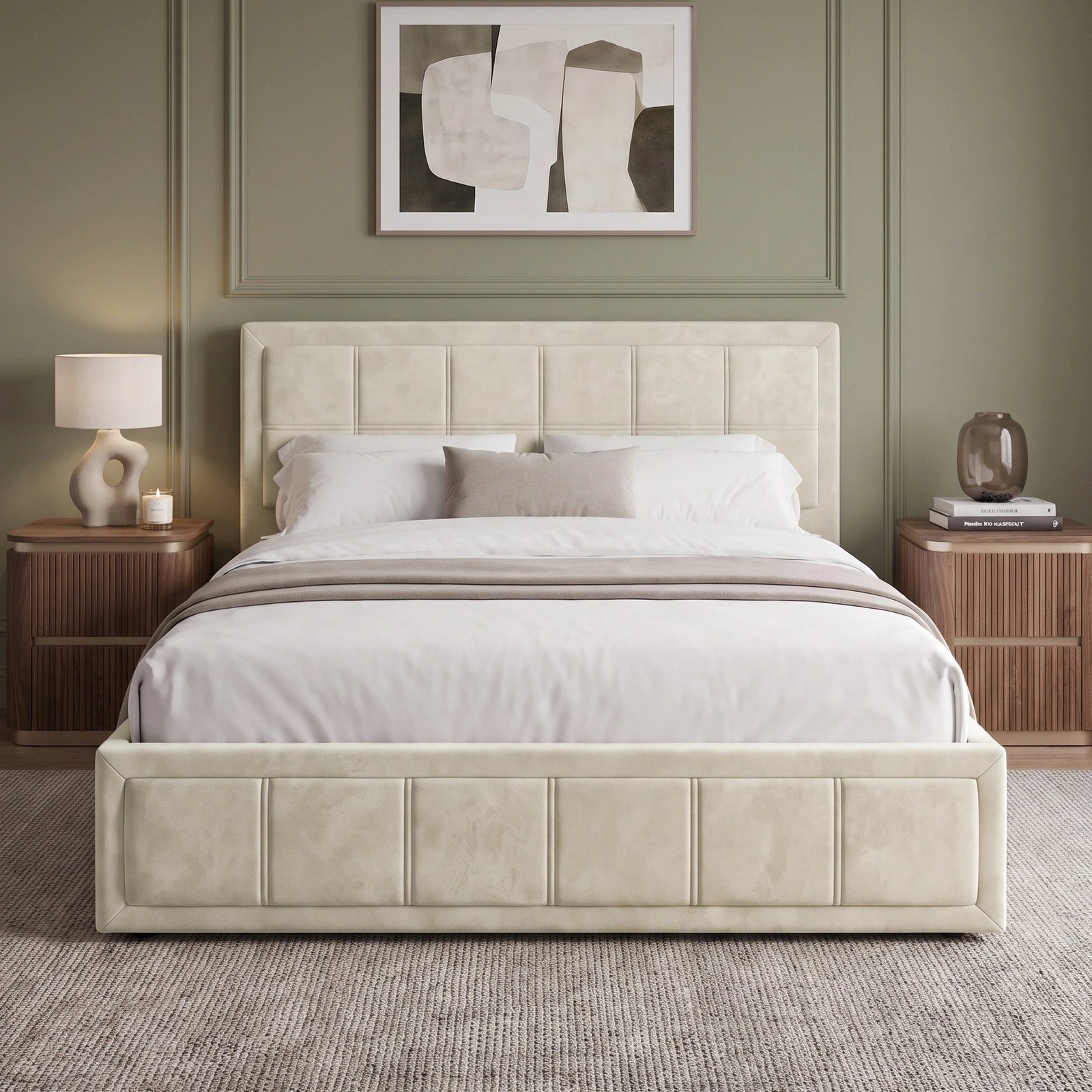 [Double | Beige] Velvet ottoman storage bed seen straight-on with channel-panel headboard and base detailing