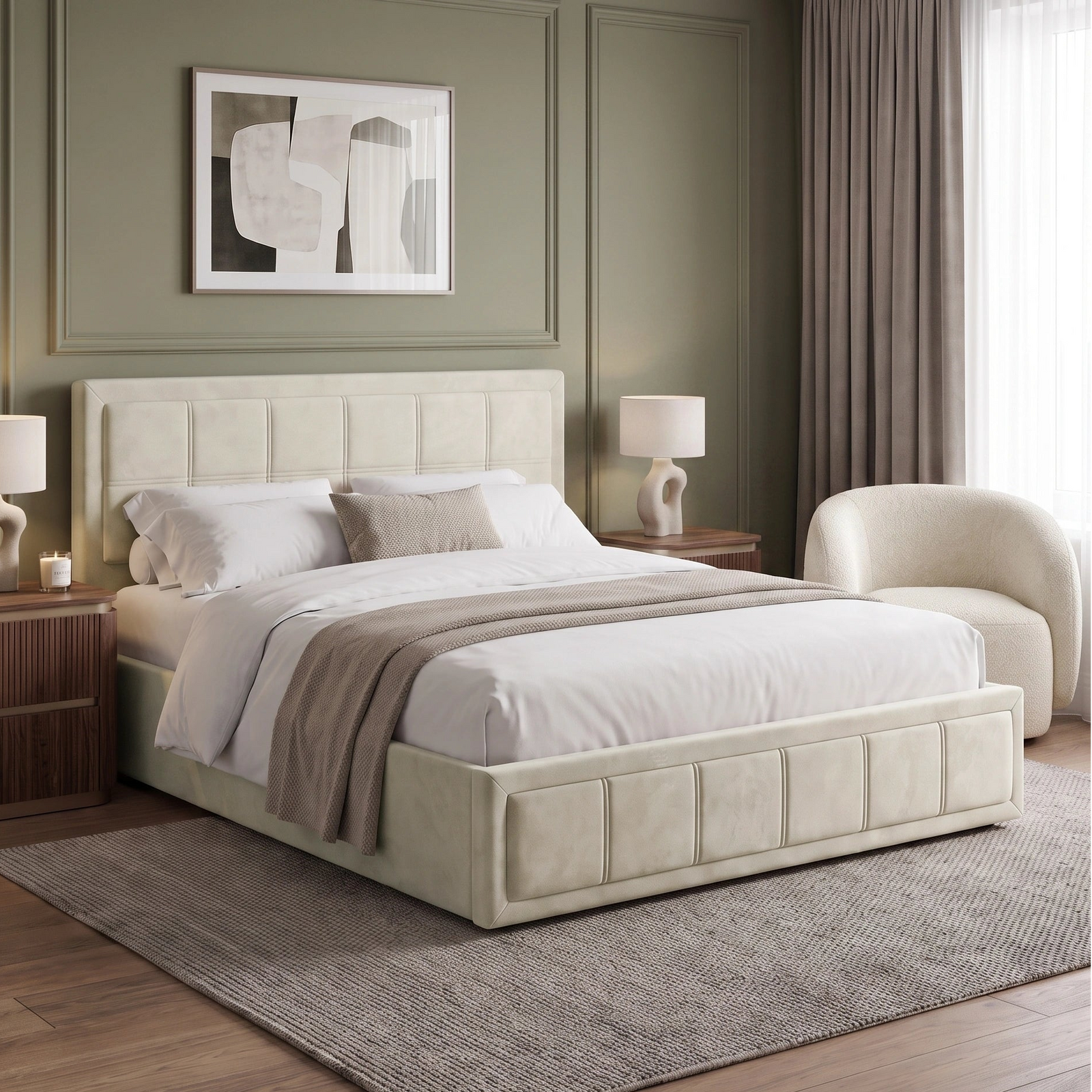 [Double | Beige] Angled bedroom view of velvet end lift ottoman bed beside nightstands and lamps under wall artwork