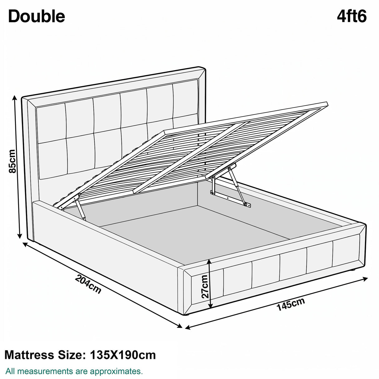 [Double | Beige] Velvet Ottoman Bed double size diagram showing 135x190cm mattress dimensions for Double 4ft6 frame
