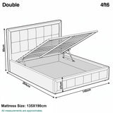 [Double | Beige] Velvet Ottoman Bed double size diagram showing 135x190cm mattress dimensions for Double 4ft6 frame