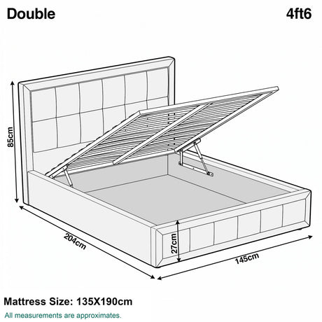 [Double | Beige] Velvet Ottoman Bed double size diagram showing 135x190cm mattress dimensions for Double 4ft6 frame