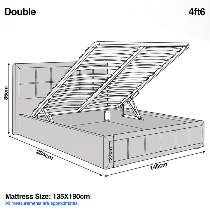 [Double | Beige] Double 4ft6 diagram: mattress 135x190cm, frame 145x204cm, headboard 85cm, storage 27cm deep