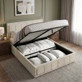 [Double | Beige] Storage compartment of velvet ottoman bed lifted open to reveal interior space stacked with linens