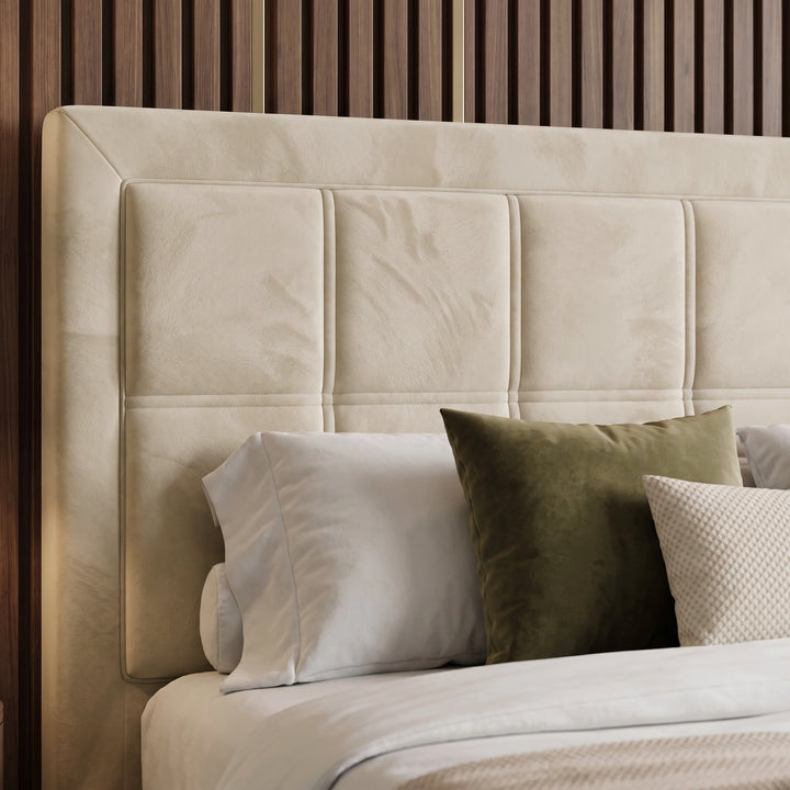 [King | Beige] Velvet ottoman storage bed headboard detail with stitched panel sections and stacked pillows below