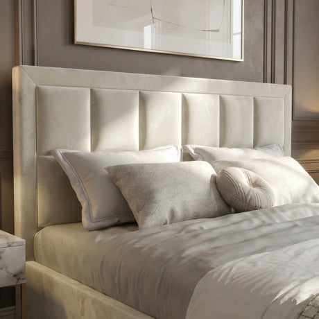 [King | Beige] Velvet Ottoman Bed king size headboard close-up showing tufted panel design with cushions