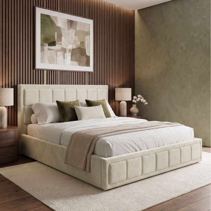 [King | Beige] A modern upholstered bed with a tufted cream headboard and matching footboard, styled in a contemporary bedroom with a wood slat accent wall, side tables, lamps, and abstract wall art.
