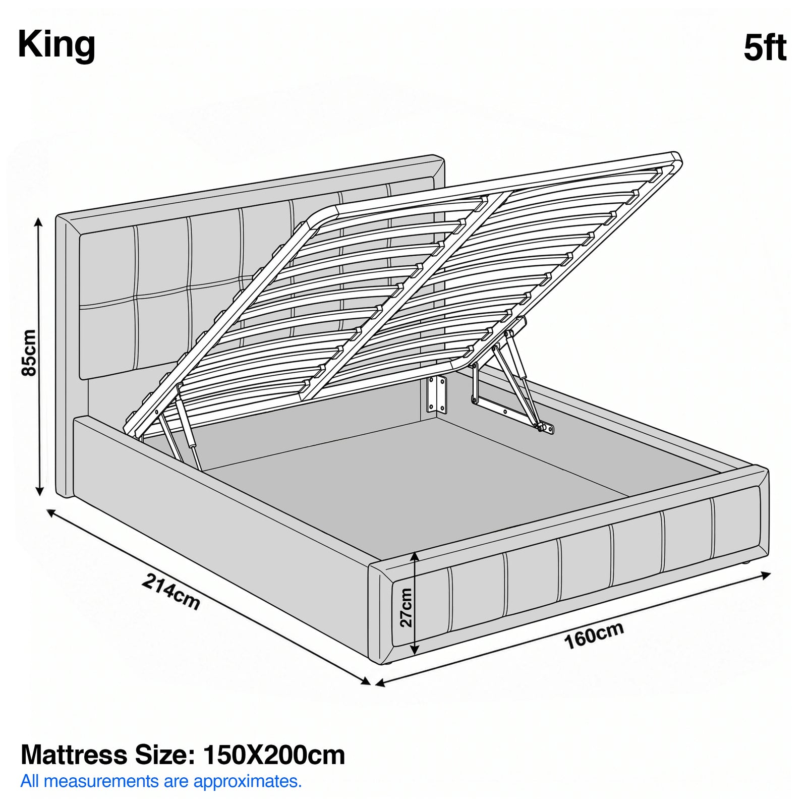 [King | Beige] King 5ft diagram: mattress 150x200cm, frame 160x214cm, headboard 85cm, storage 27cm deep