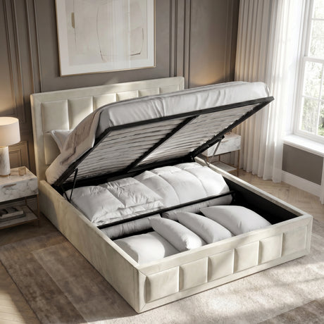 [King | Beige] Velvet Ottoman Bed king size end lift storage open showing spacious interior compartment