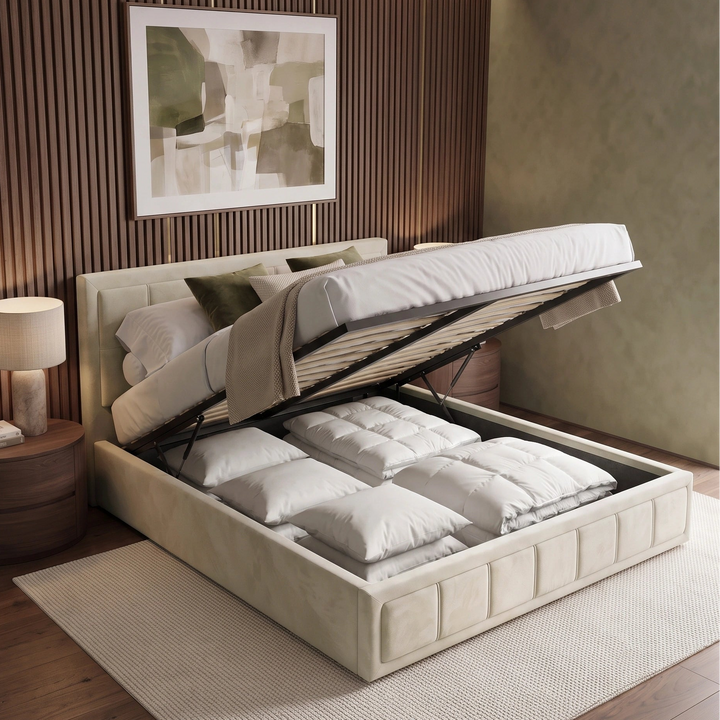[King | Beige] Velvet ottoman storage bed lid raised showing slatted base and folded bedding in compartment