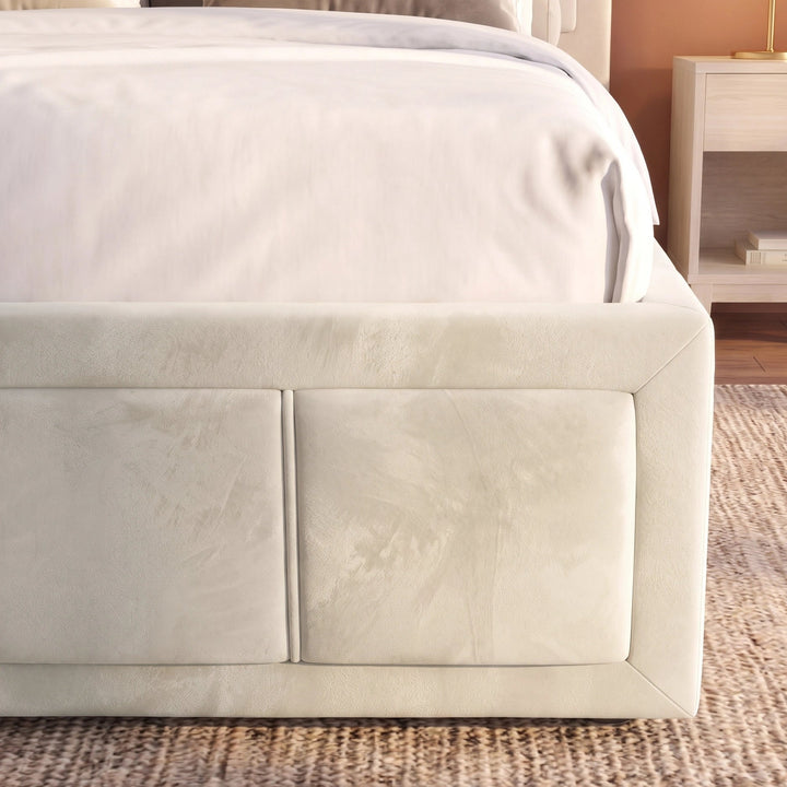 [Small Double | Beige] Close-up of a bed frame upholstered in a beige fabric, shown in a bedroom setting with white bedding, a woven rug, and a nightstand in the background.