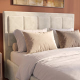 [Small Double | Beige] Headboard panel close-up on velvet ottoman storage bed with framing border and scatter cushions