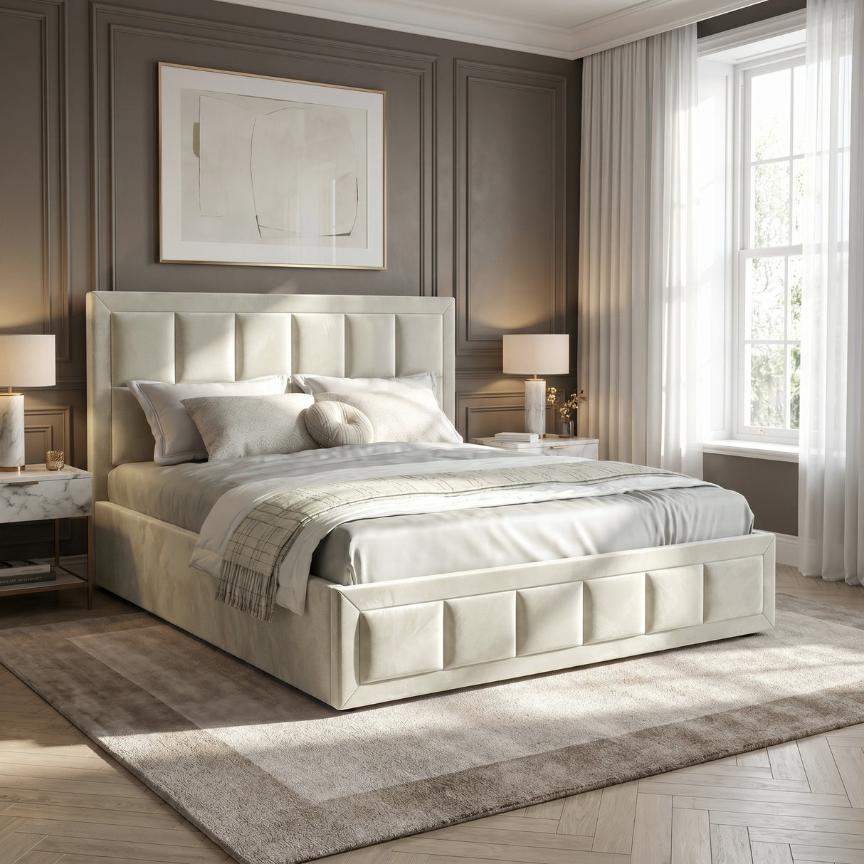 [Small Double | Beige] Velvet Ottoman Bed small double lifestyle view with padded headboard, styled bedding and lamps