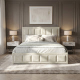 [Small Double | Beige] Velvet Ottoman Bed small double in elegant bedroom with bedside tables and lamps