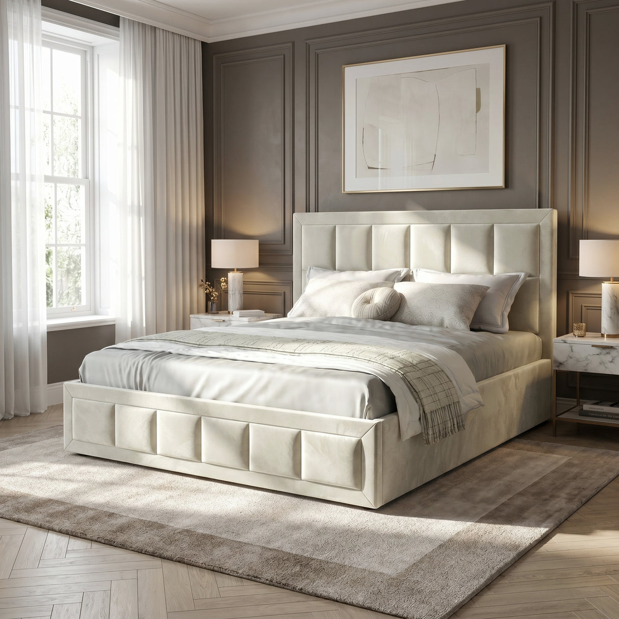 [Small Double | Beige] Velvet Ottoman Bed small double in bright bedroom lifestyle setting with natural window light