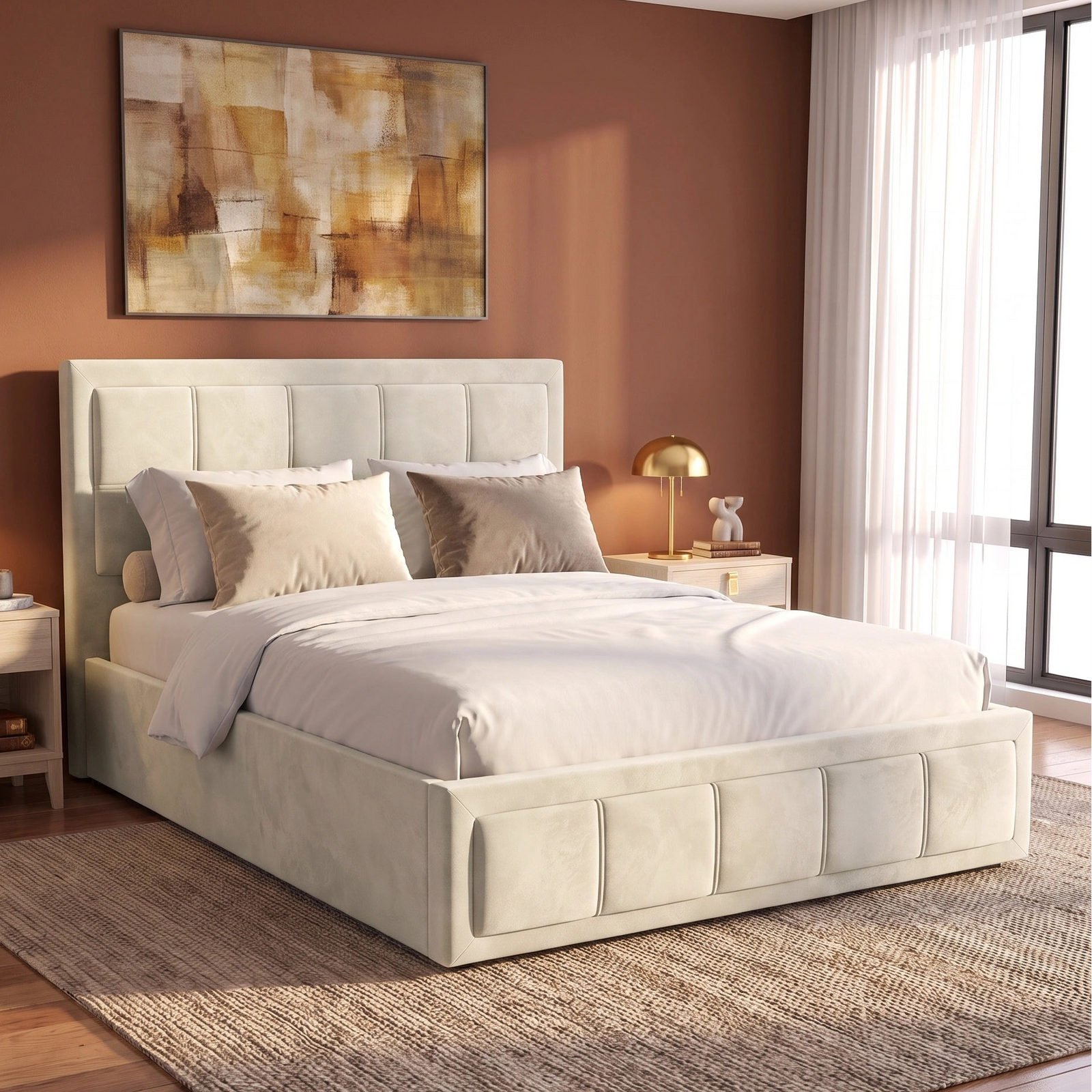 [Small Double | Beige] platform bed with a tufted upholstered headboard and footboard in a light beige fabric, styled with white and grey bedding in a warm brown bedroom.