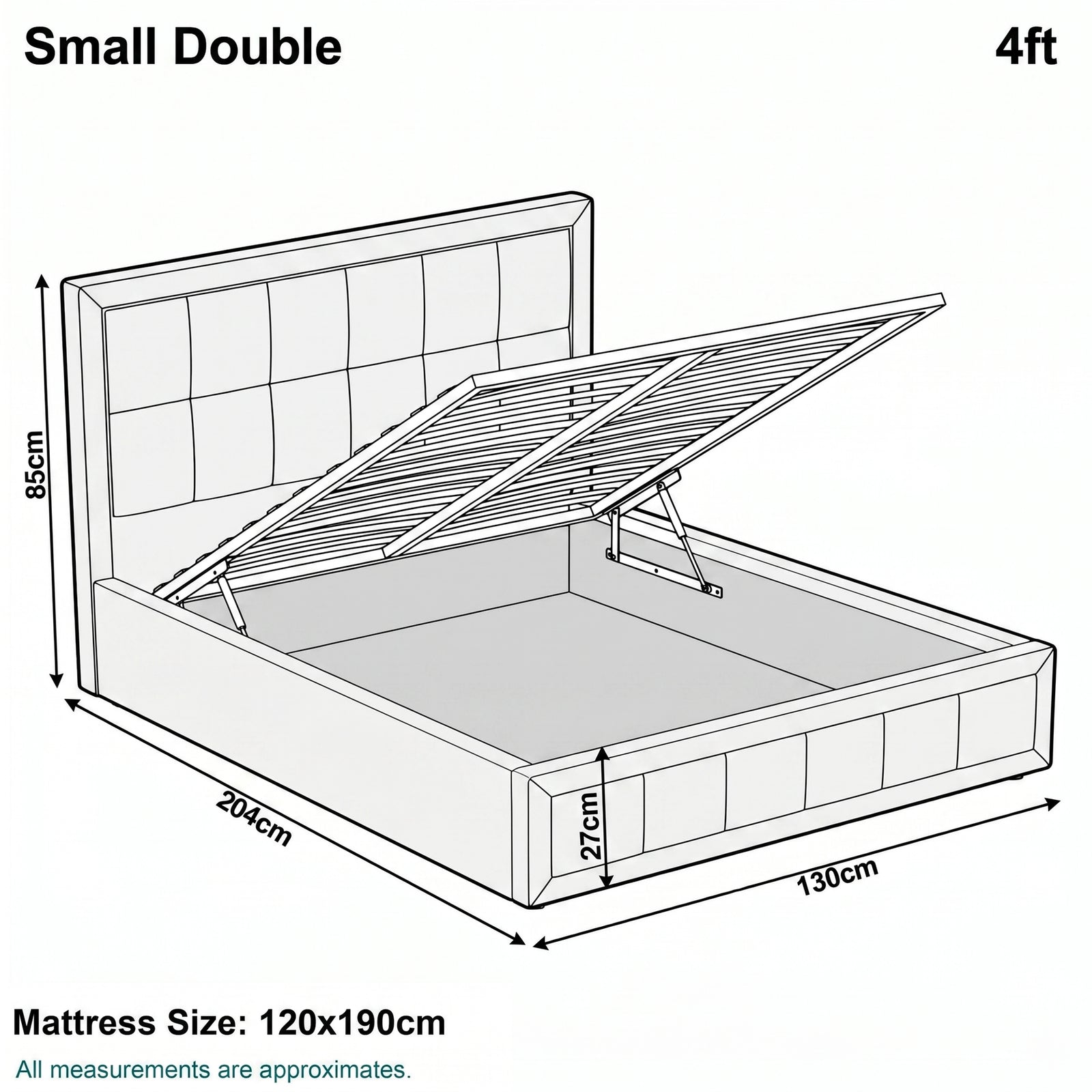 [Small Double | Beige] Small Double 4ft diagram: mattress 120x190cm, frame 130x204cm, headboard 85cm, storage 27cm deep