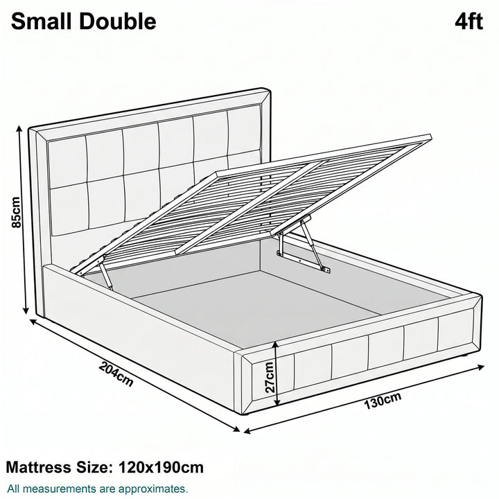 [Small Double | Beige] Small Double 4ft diagram: mattress 120x190cm, frame 130x204cm, headboard 85cm, storage 27cm deep