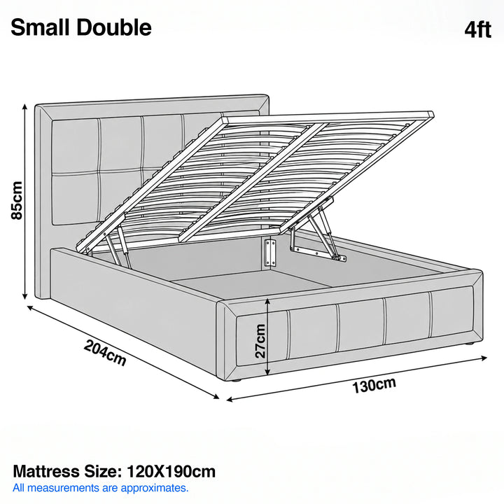 [Small Double | Beige] Small Double 4ft diagram: mattress 120x190cm, frame 130x204cm, headboard 85cm, storage 27cm deep