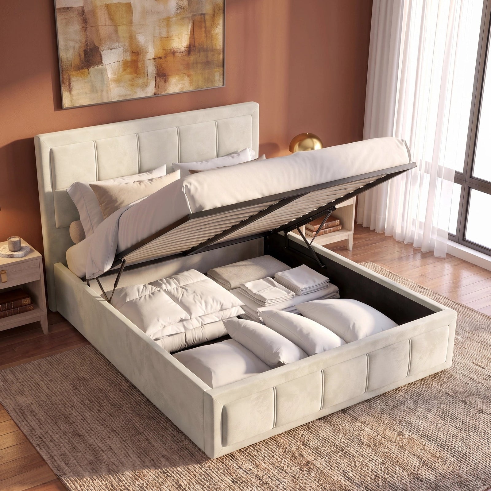 [Small Double | Beige] upholstered storage bed with the lift-up opened, showing white bedding and folded linens inside. The bed is placed in a styled bedroom with a wooden floor, a woven rug, a nightstand with a gold lamp, sheer curtains, and a warm brown wall with abstract wall art.