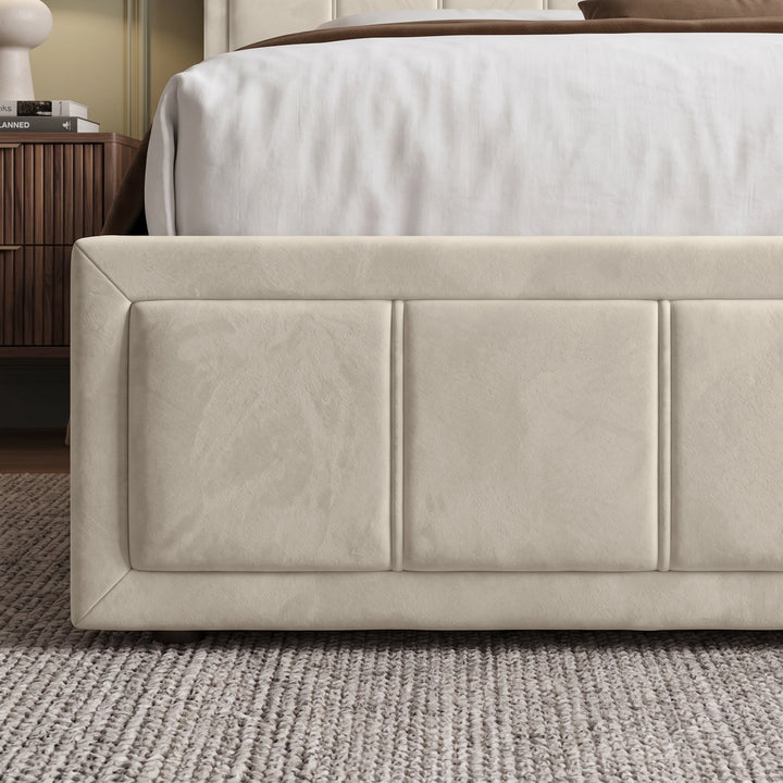 [Super King | Beige] upholstered bed frame in a beige tone, shown with white bedding and a brown throw blanket in a styled bedroom setting