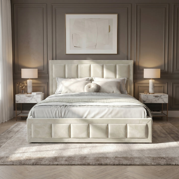 [Super King | Beige] Velvet end lift ottoman bed shot head-on, dressed in white sheets with throw runner across mattress