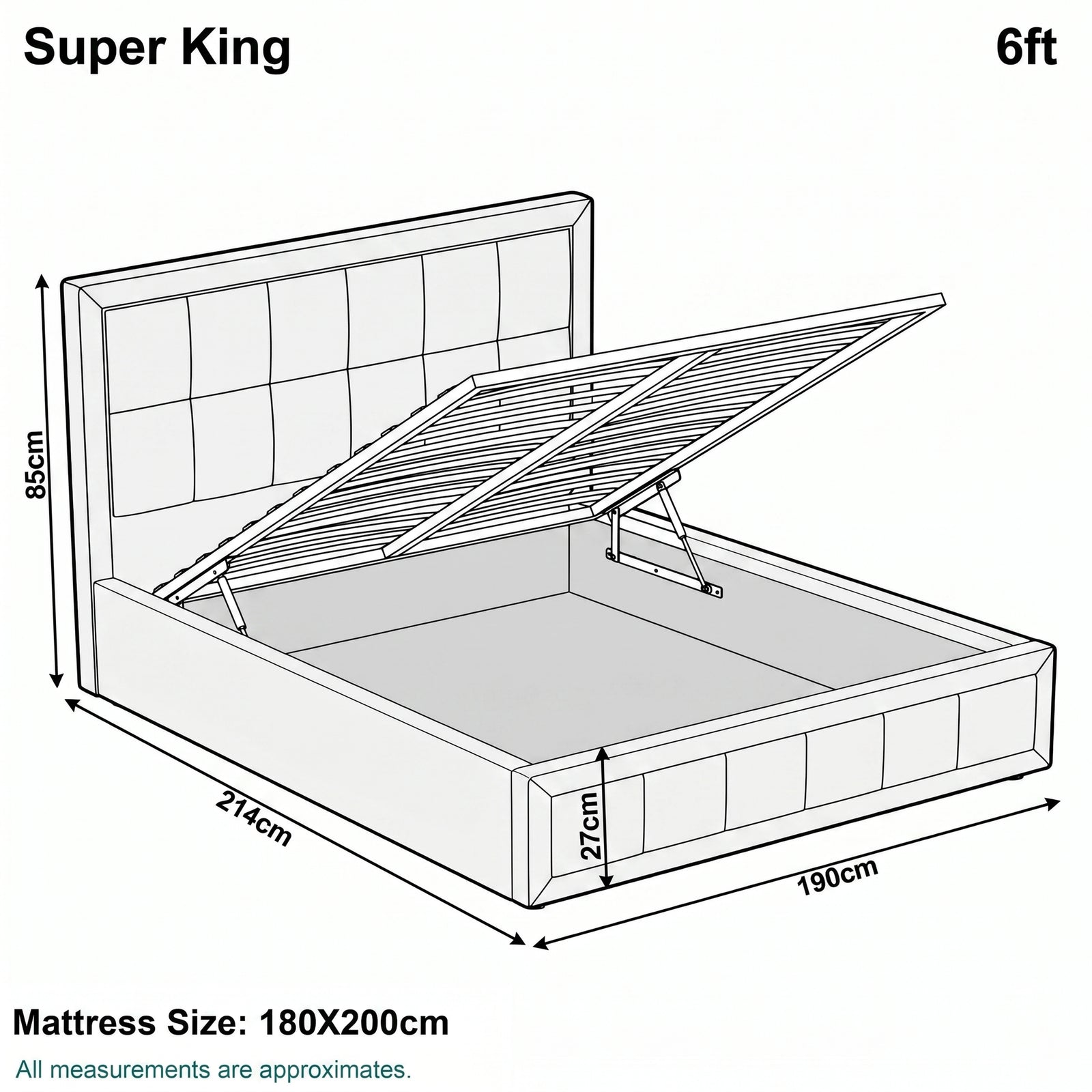 [Super King | Beige] Super King 6ft diagram: mattress 180x200cm, frame 190x214cm, headboard 85cm, storage 27cm deep