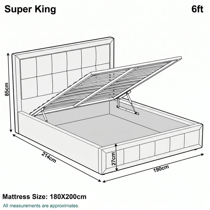 [Super King | Beige] Super King 6ft diagram: mattress 180x200cm, frame 190x214cm, headboard 85cm, storage 27cm deep