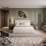 [Super King | Beige] A modern, elegant bedroom featuring sage green paneled walls, a cream tufted bed frame, white bedding, a textured gray rug, and a matching brown armchair in the foreground.