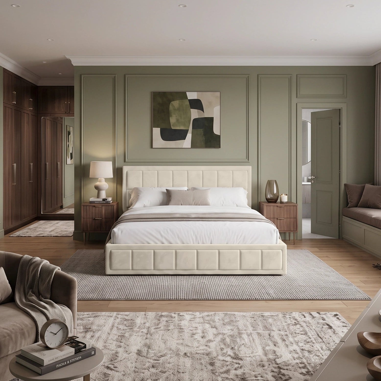 [Super King | Beige] A modern, elegant bedroom featuring sage green paneled walls, a cream tufted bed frame, white bedding, a textured gray rug, and a matching brown armchair in the foreground.