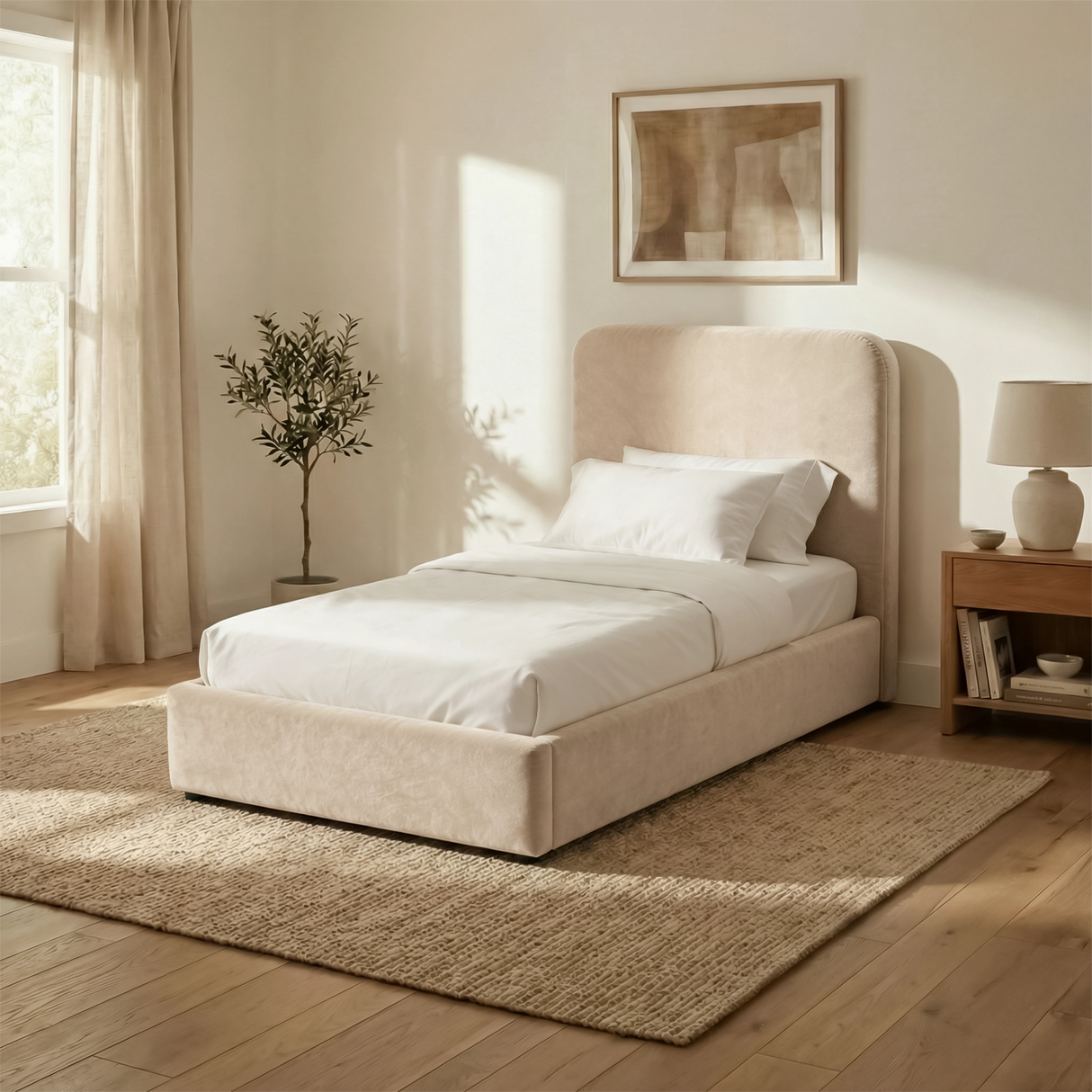 Angled view of beige velvet single ottoman bed showing upholstered frame, curved headboard, and low base design