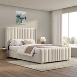 Winged Ottoman Bed Frame with Lines in beige velvet featuring vertical panel detailing and hidden under-bed storage, ideal for modern bedrooms.