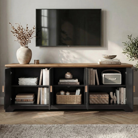[Black] Bellford TV unit with both side cabinets open, showing books, wicker basket and speaker inside shelves